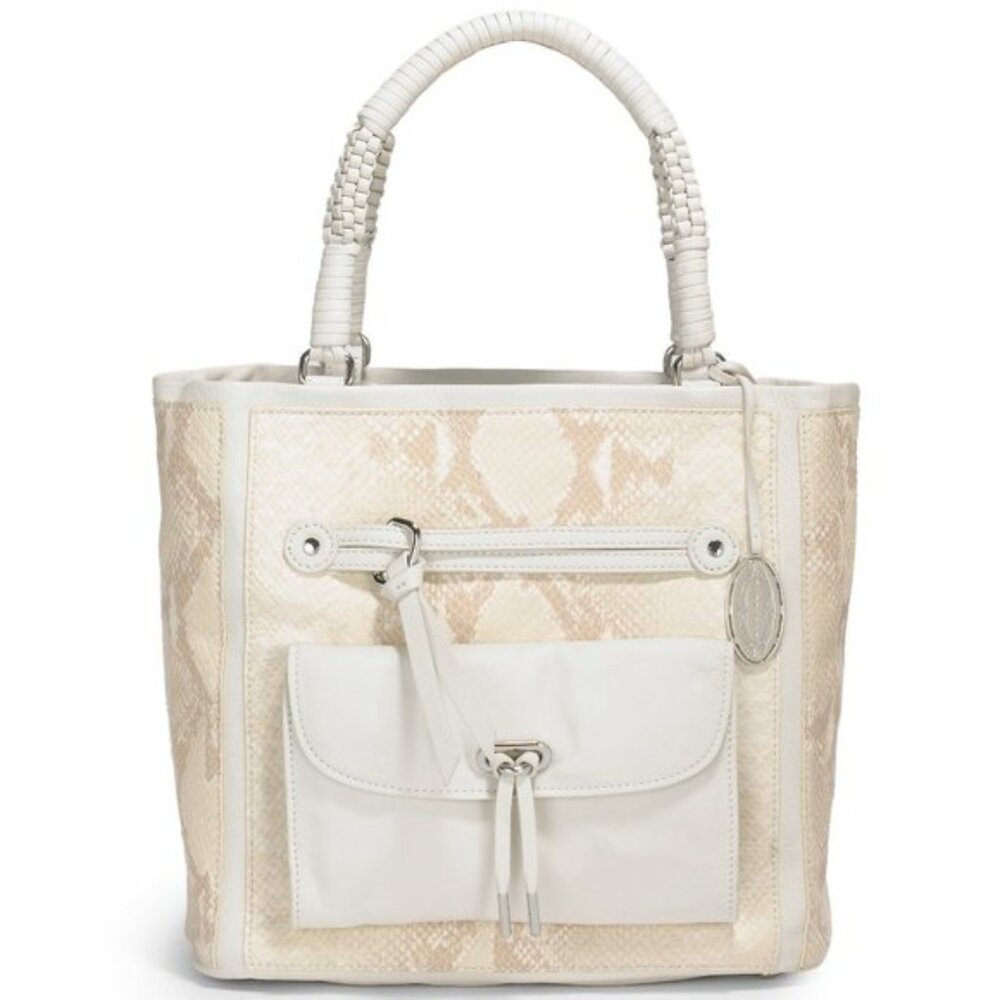 ELIE TAHARI White Leather Snake Skin Tote Purse Bag, White Leather Bag, Tote